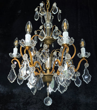 Gorgeous Antique French 6 Arm 7 Light Brass Bronze Cage Crystal Chandelier Light