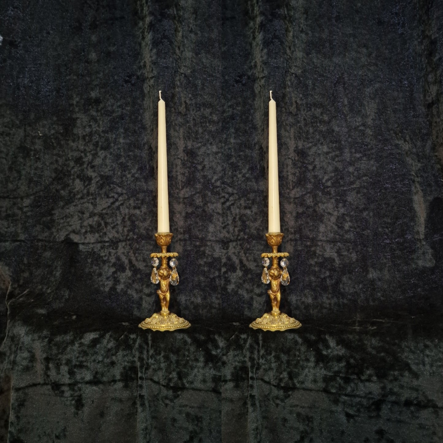 Lovely Pair of Vintage French Solid Brass Crystal Cherub Candlesticks