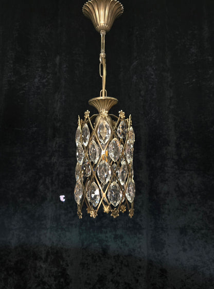 Unique Vintage Italian 1 Light Brass Small Cylinder Crystal Caged Chandelier