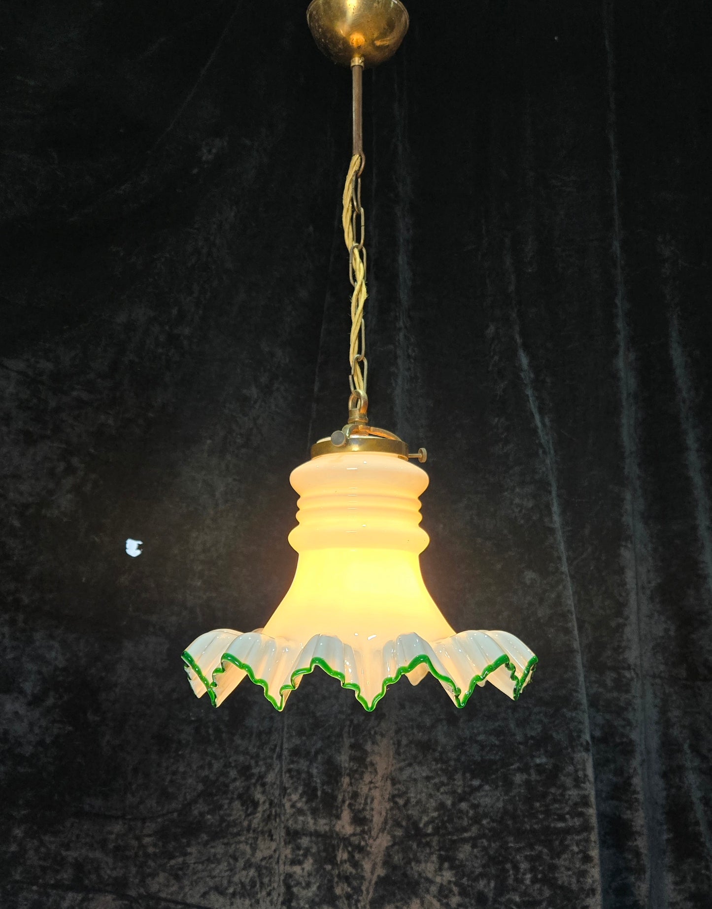 Fabulous Antique French Large Opaline Glass Shade Green Edging Brass Light