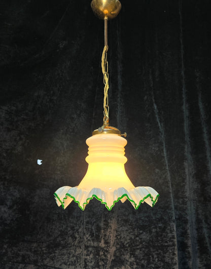 Fabulous Antique French Large Opaline Glass Shade Green Edging Brass Light