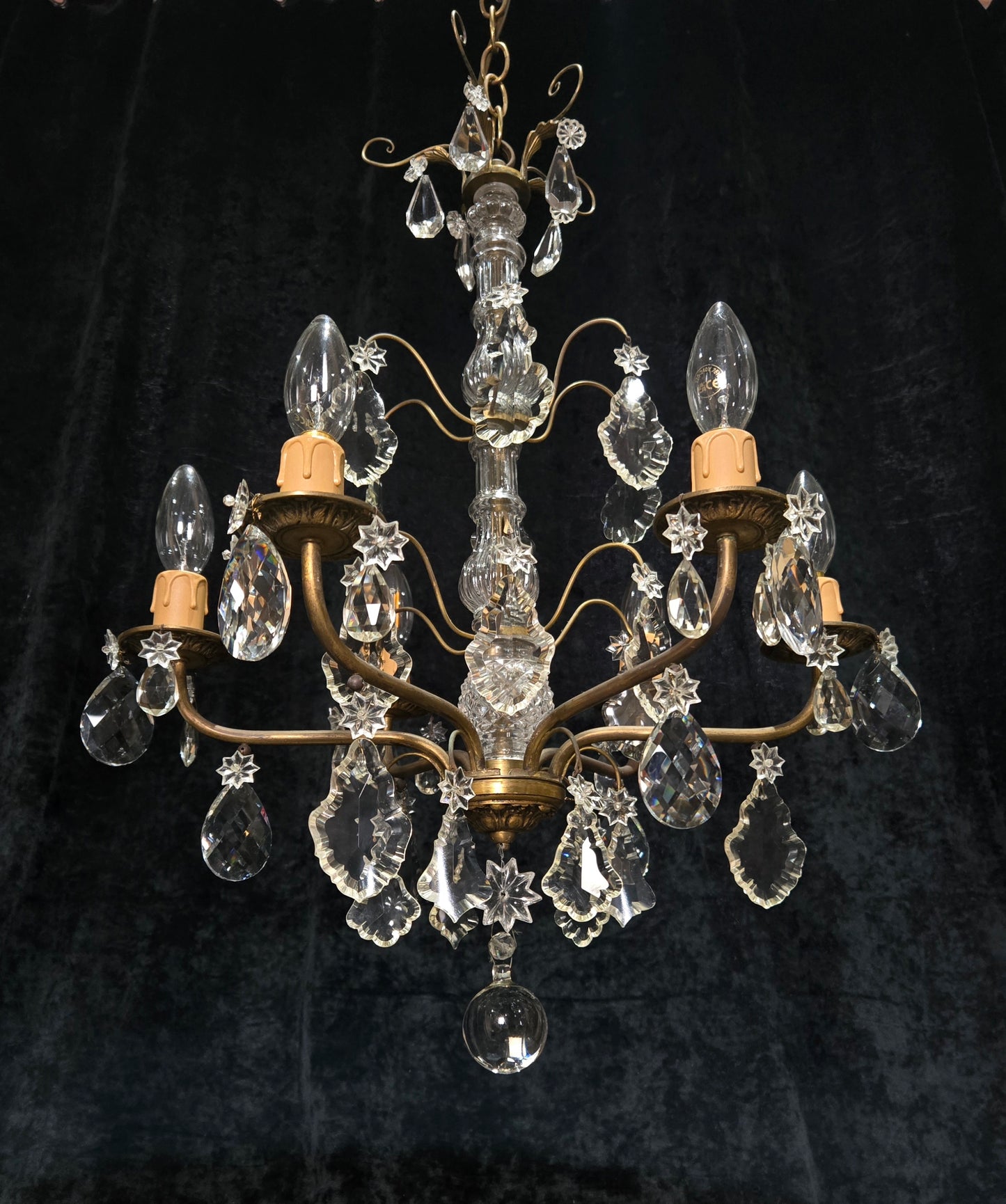 Beautiful Antique French 6 Arm Brass 3 Tier Crystal Chandelier Ceiling Light