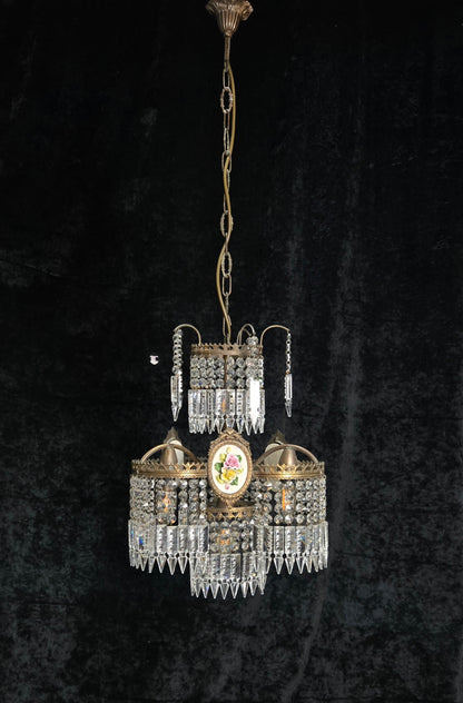 Beautiful Vintage Italian Capodimonte Flower Brass Crystal 4 Light Chandelier