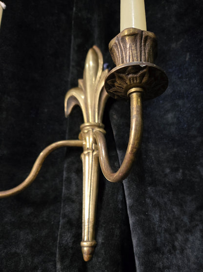 Decorative Pair Antique French Fleur De Lis Brass 2 Arm Candle Wall Lights