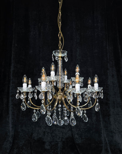 Classical Vintage Italian 8 Arm 12 Light Brass Crystal Chandelier Ceiling Light