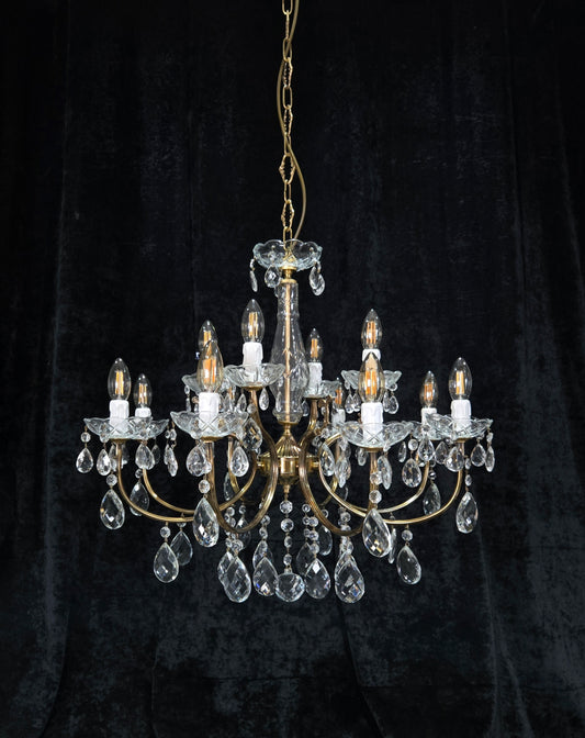 Classical Vintage Italian 8 Arm 12 Light Brass Crystal Chandelier Ceiling Light
