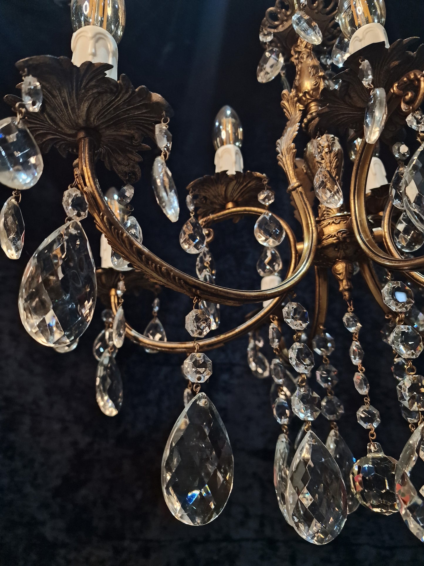 Stunning Antique French 6 Arm 9 Light Heavy Brass Crystal Leaf Chandelier