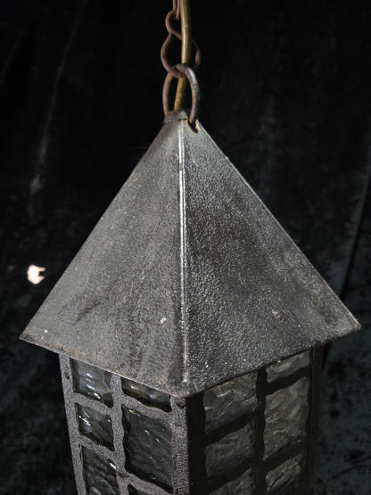 Lovely Vintage French Wrought Iron Gothic Lantern Light with Textured Glass
