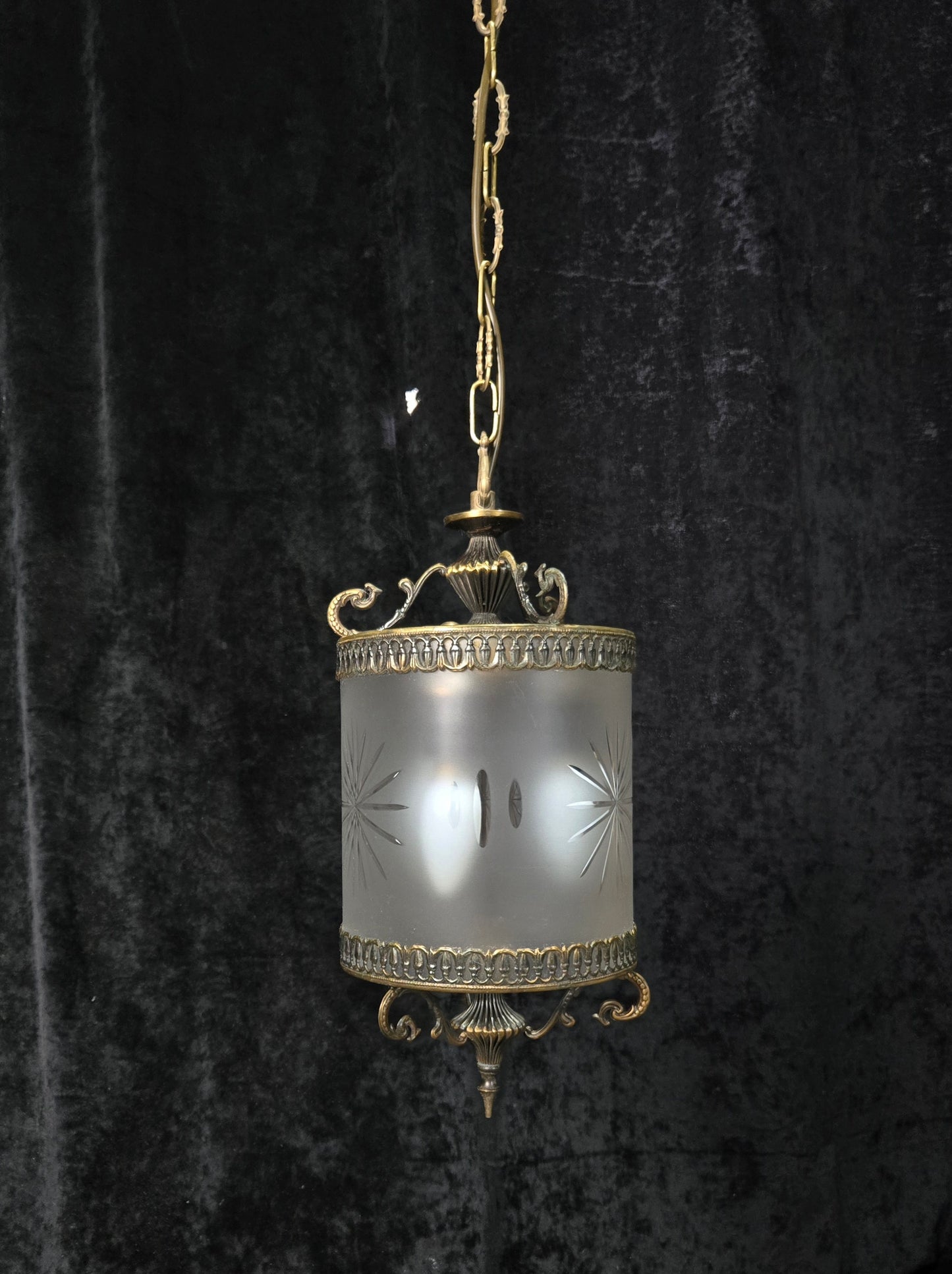 Elegant Vintage Italian Cylinder Cut Glass Starburst Brass 3 Light Lantern