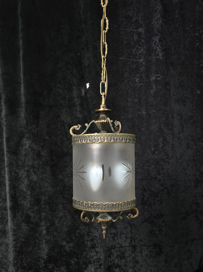 Elegant Vintage Italian Cylinder Cut Glass Starburst Brass 3 Light Lantern