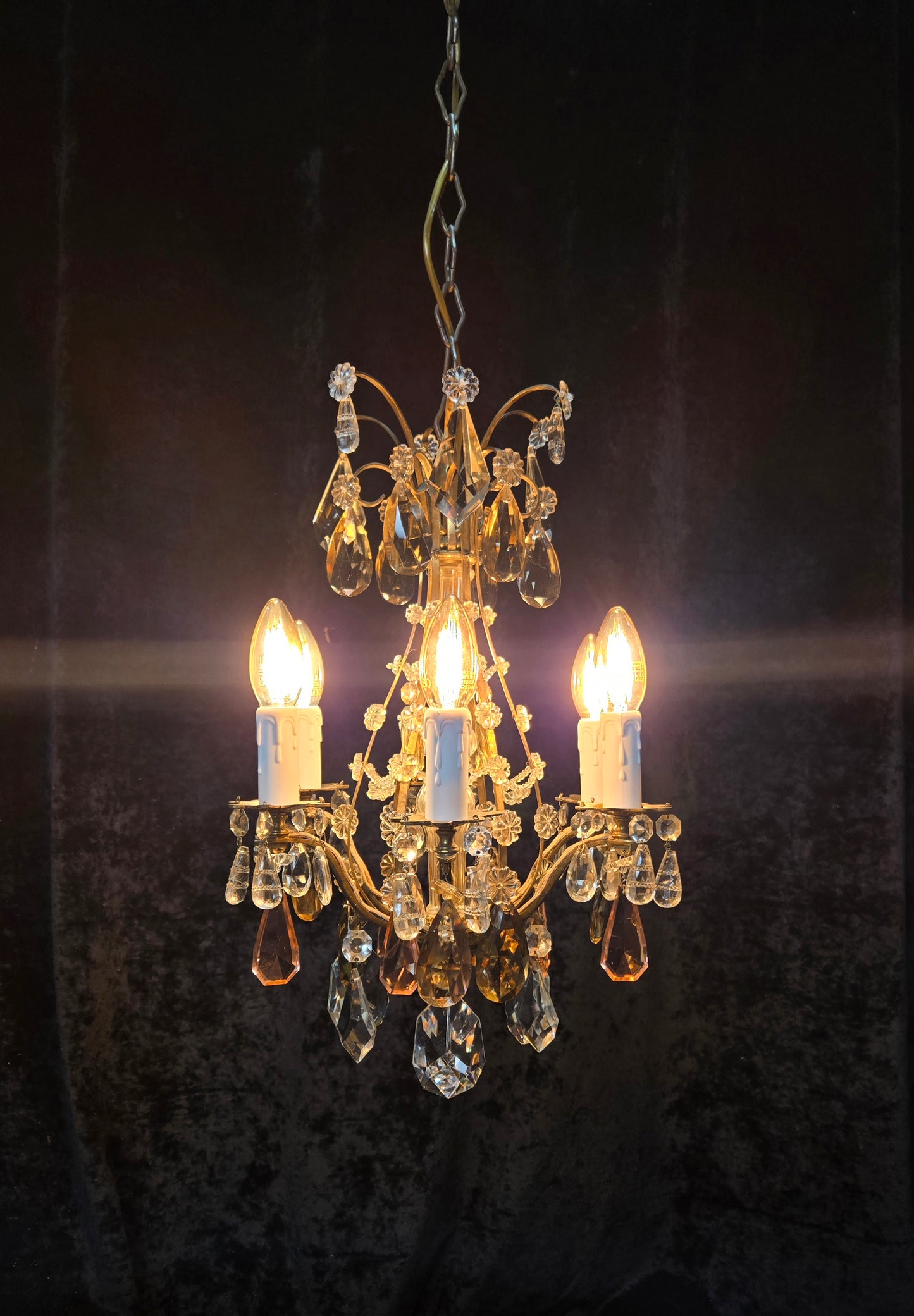 Beautiful Antique Italian 6 Arm Brass Crystal Cage Chandelier Ceiling Light