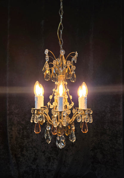 Beautiful Antique Italian 6 Arm Brass Crystal Cage Chandelier Ceiling Light