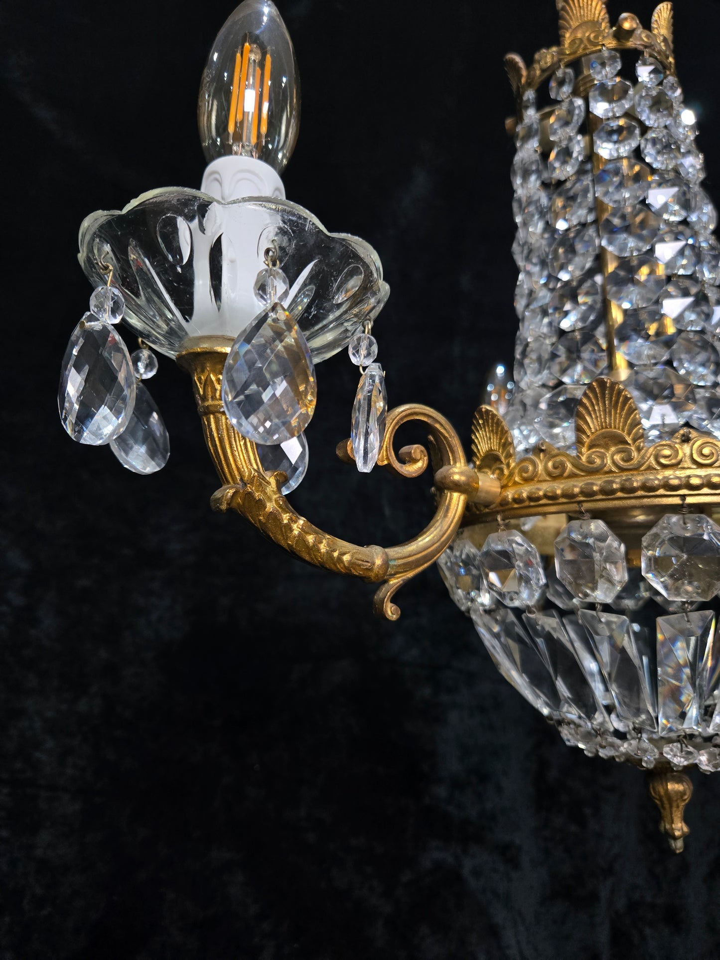 Traditional Vintage French 3 Arm Brass and Crystal Montgolfiere Bag Chandelier
