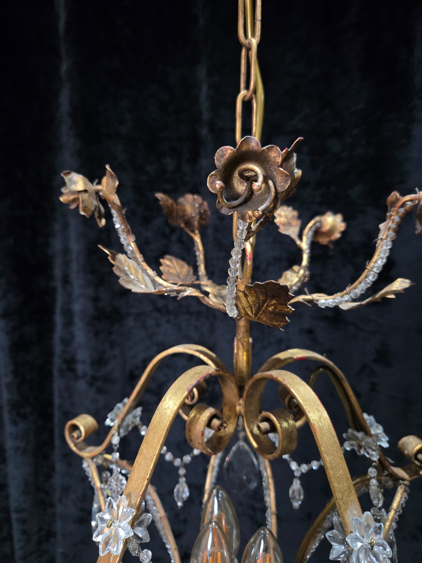 Fabulous Vintage Italian 3 Arm Caged Florentine Flower Crystal Chandelier Light