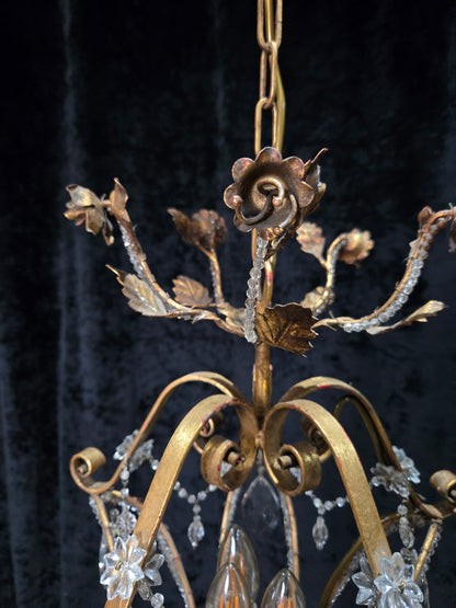 Fabulous Vintage Italian 3 Arm Caged Florentine Flower Crystal Chandelier Light