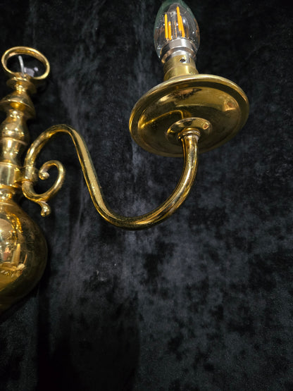 Elegant Pair Vintage Polished Brass 2 Arm Flemish Wall Lights Sconces