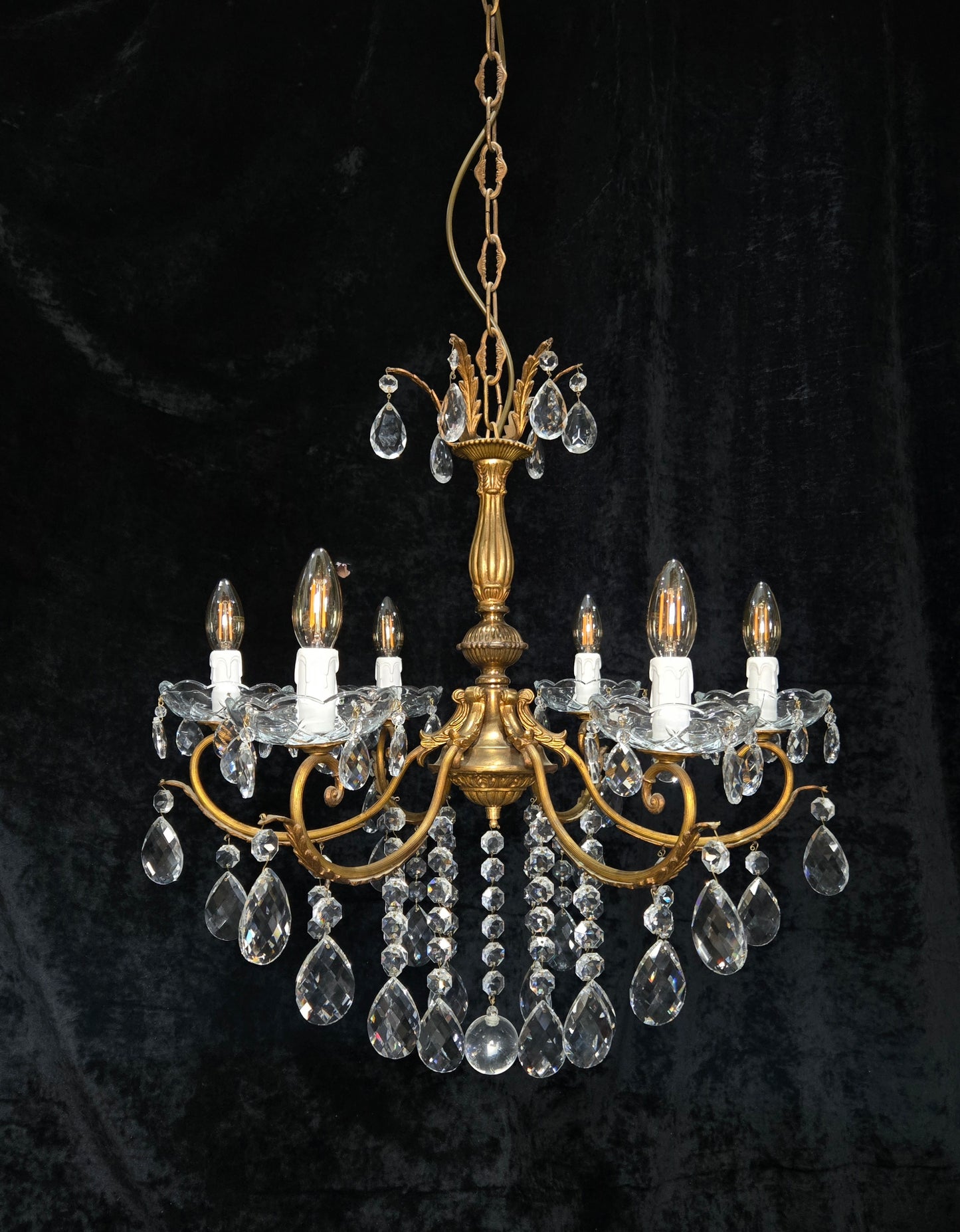 Gorgeous Heavy Vintage Italian 6 Arm Brass Leaf Crystal Chandelier Ceiling Light