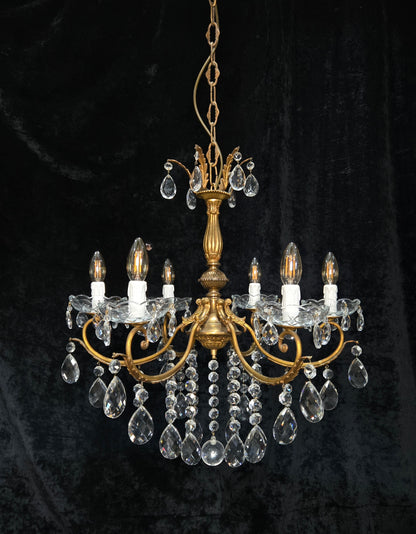 Gorgeous Heavy Vintage Italian 6 Arm Brass Leaf Crystal Chandelier Ceiling Light