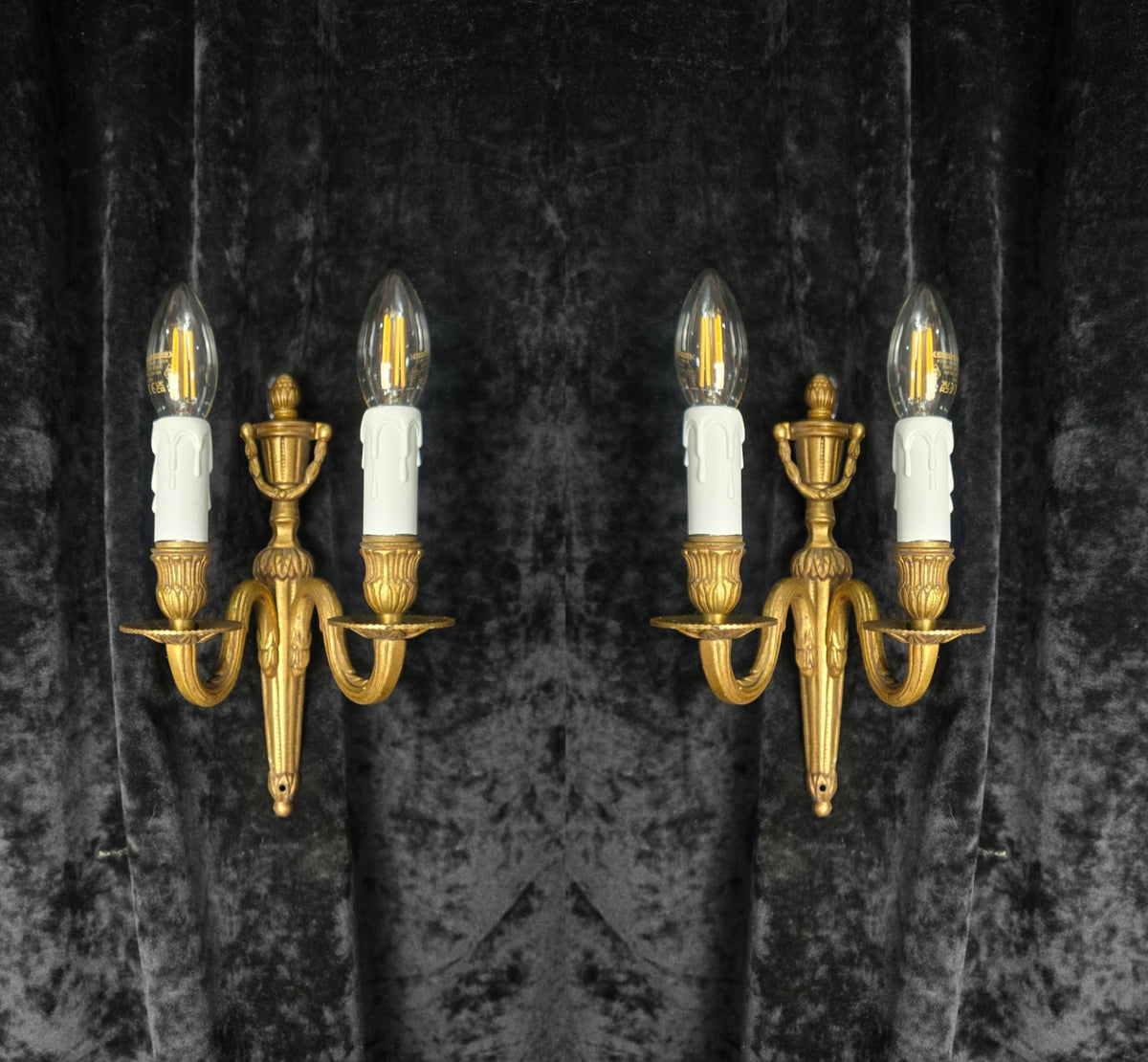 Traditional Pair Vintage French Empire Style 2 Arm Brass Electric Sconces Lights