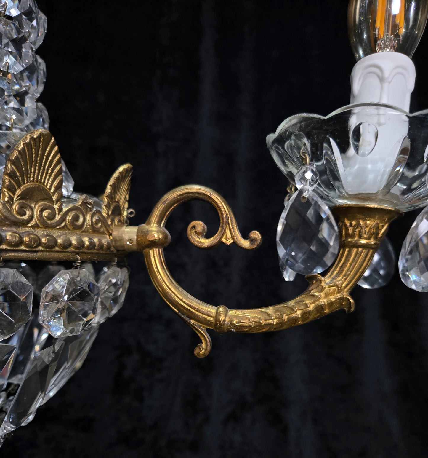 Traditional Vintage French 3 Arm Brass and Crystal Montgolfiere Bag Chandelier