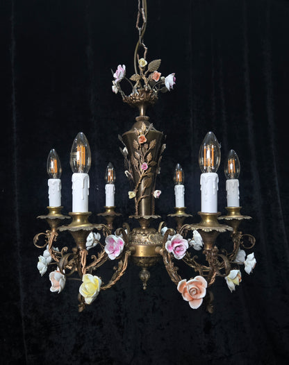 Fabulous Vintage Italian 6 Arm Brass Florentine Flower Roses Chandelier Light