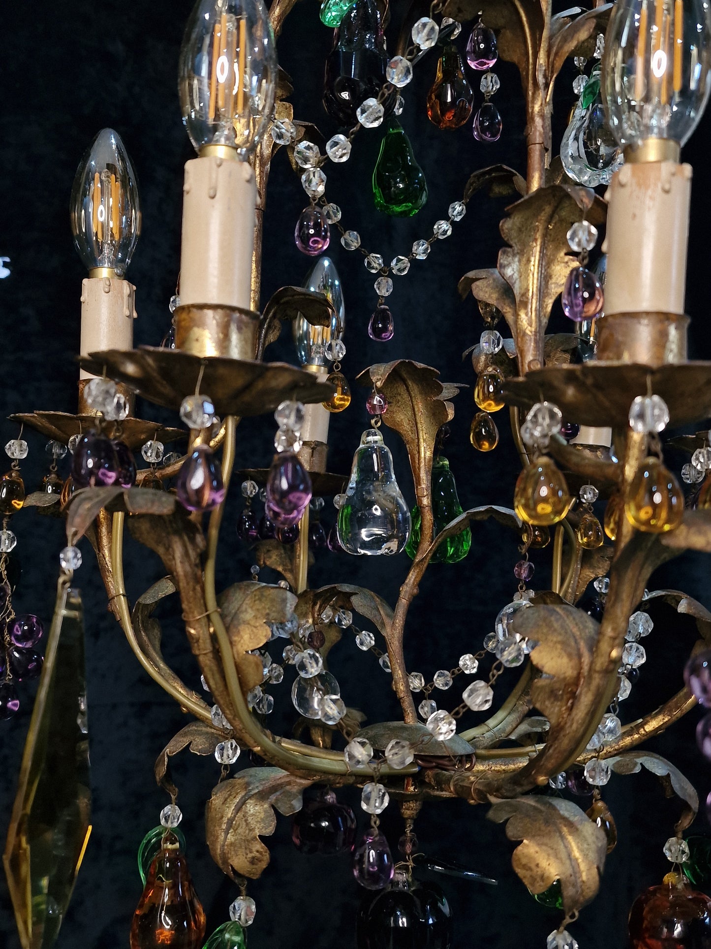 Fabulous Vintage Italian 6 Arm Caged Tole Murano Fruits Chandelier Light