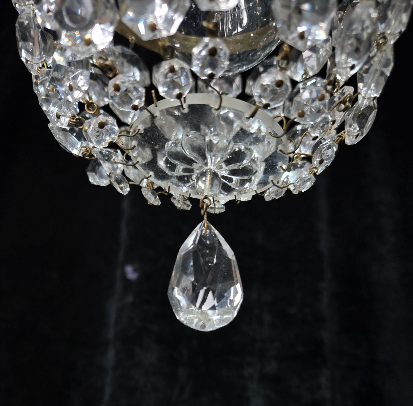 Petite Vintage French Crystal Half Bag Brass Leaf Chandelier Ceiling Light