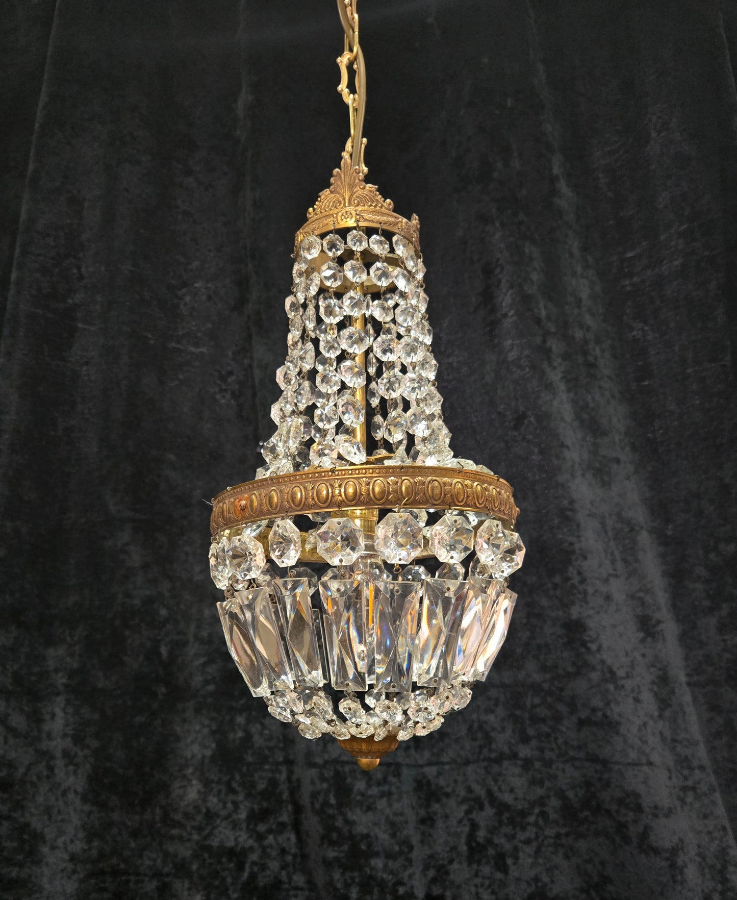 Traditional Antique French 1 Light Brass and Crystal Montgolfiere Chandelier
