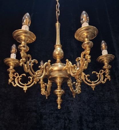 Traditional Vintage Italian Polished Brass 6 Arm Chandelier Ceiling Light