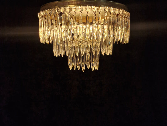 Beautiful Vintage French 3 Tier 3 Light Brass Crystal Waterfall Flush Mount