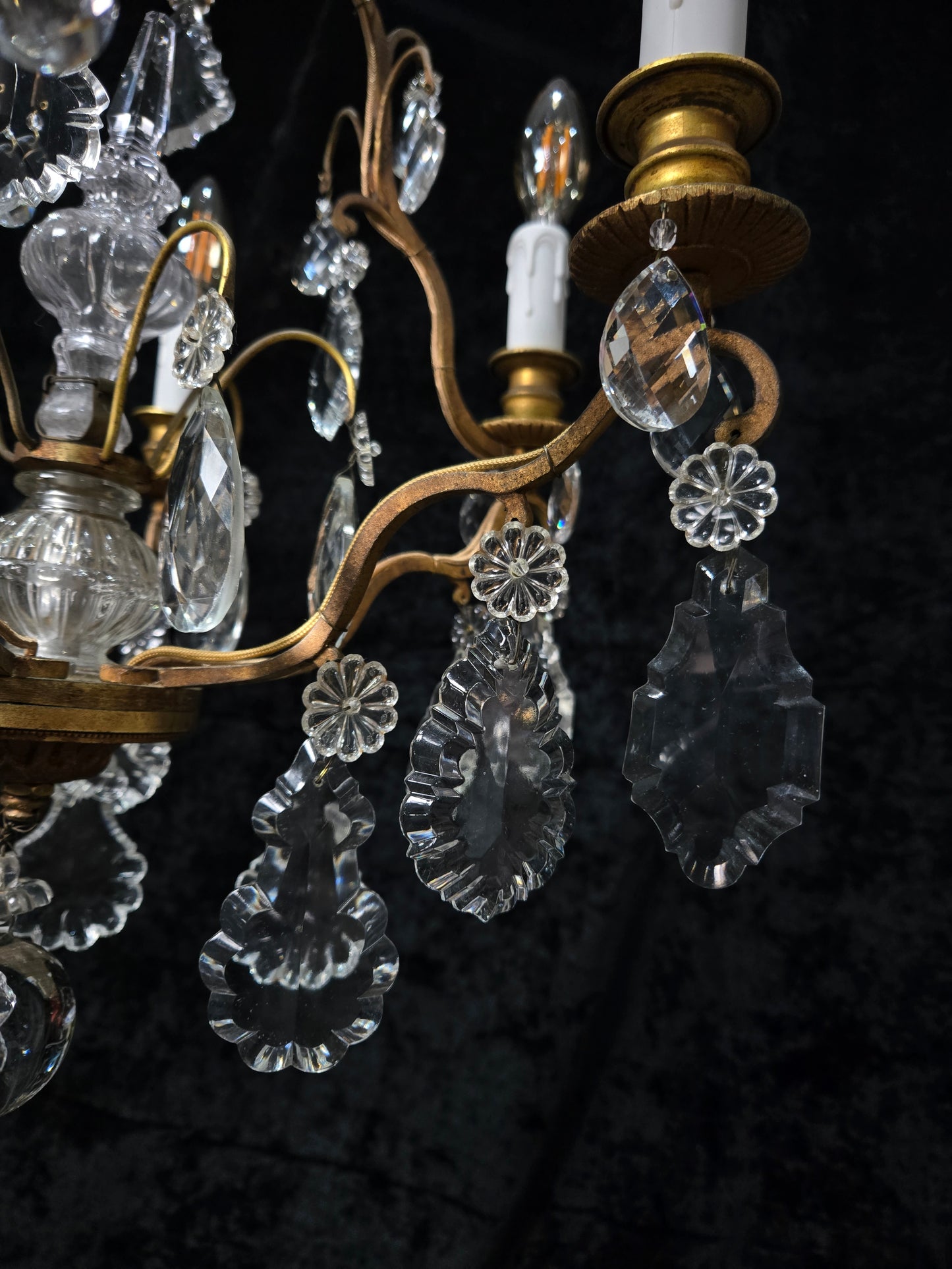 Stunning Antique French 6 Arm Cage Bronze Crystal Chandelier Ceiling Light