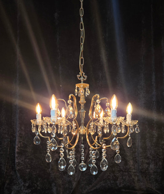 Decorative Vintage Italian 6 Arm Brass Crystal Leaf Chandelier Ceiling Light