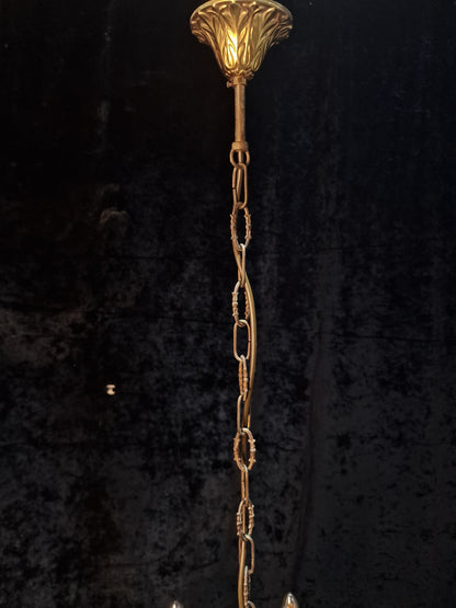 Fabulous Vintage Italian 8 Arm Brass and Crystal Leaf Chandelier Ceiling Light