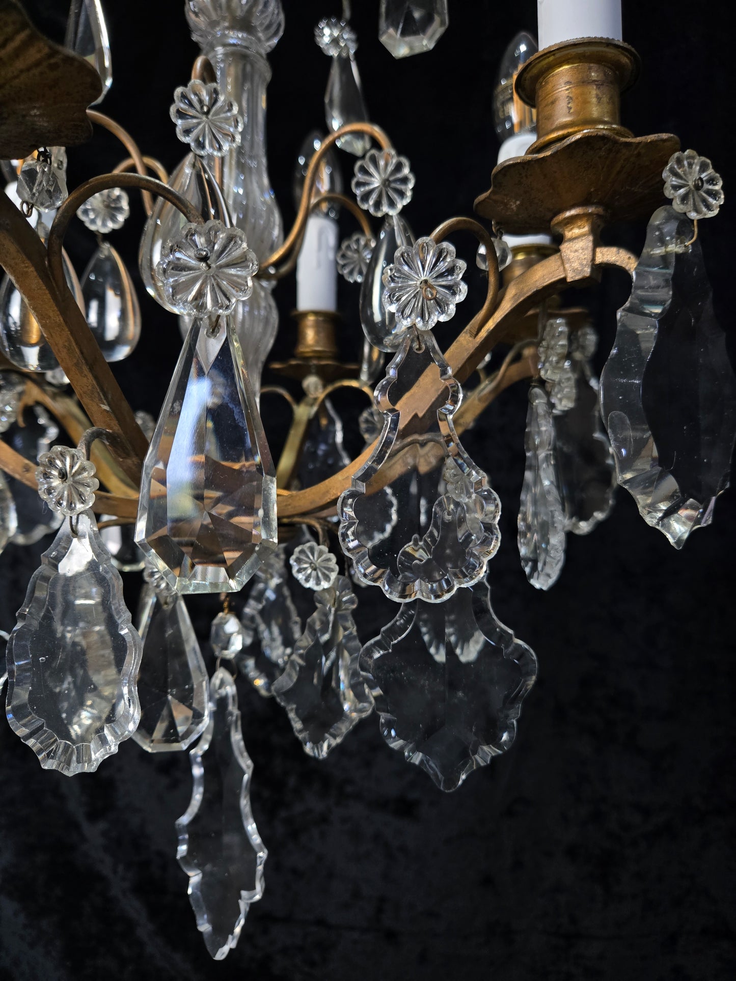 Traditional Tall Antique French 6 Arm Brass Crystal 3 Tier Chandelier Light