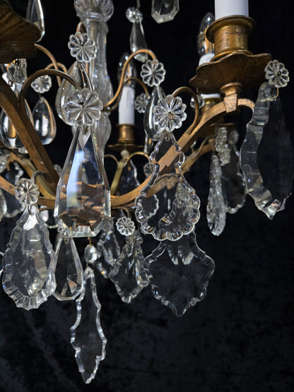 Traditional Tall Antique French 6 Arm Brass Crystal 3 Tier Chandelier Light