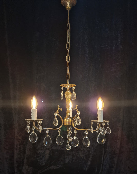 RESERVED Beautiful Vintage Italian 3 Arm Crystal Aged Brass Leaf Chandelier Ceiling Light
