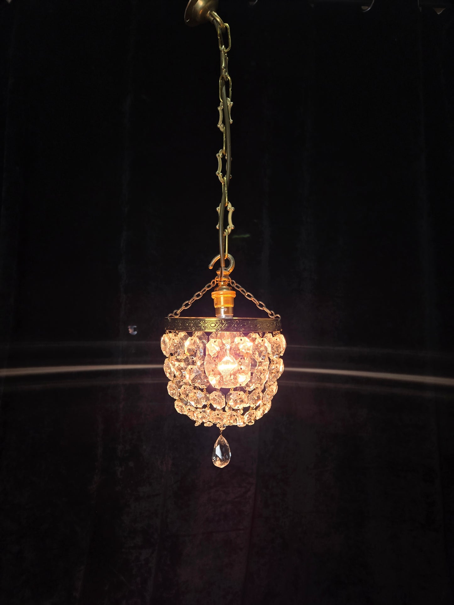 Petite Vintage French Crystal Half Bag Brass Leaf Chandelier Ceiling Light