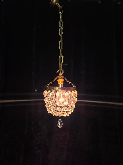 Petite Vintage French Crystal Half Bag Brass Leaf Chandelier Ceiling Light