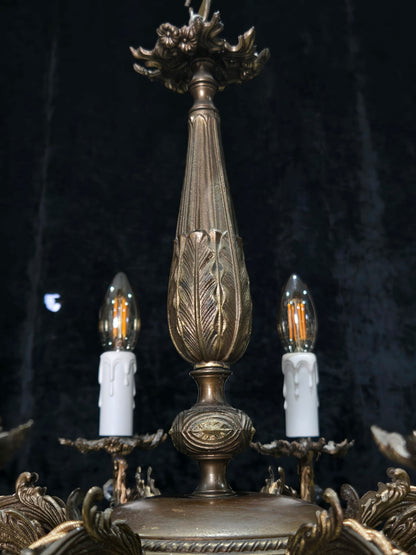 Fabulous Vintage Italian 8 Arm Brass Flower Crystal Chandelier Ceiling Light