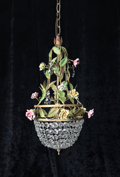 Beautiful Vintage Florentine Italian 1 Light Crystal Roses Toleware Chandelier