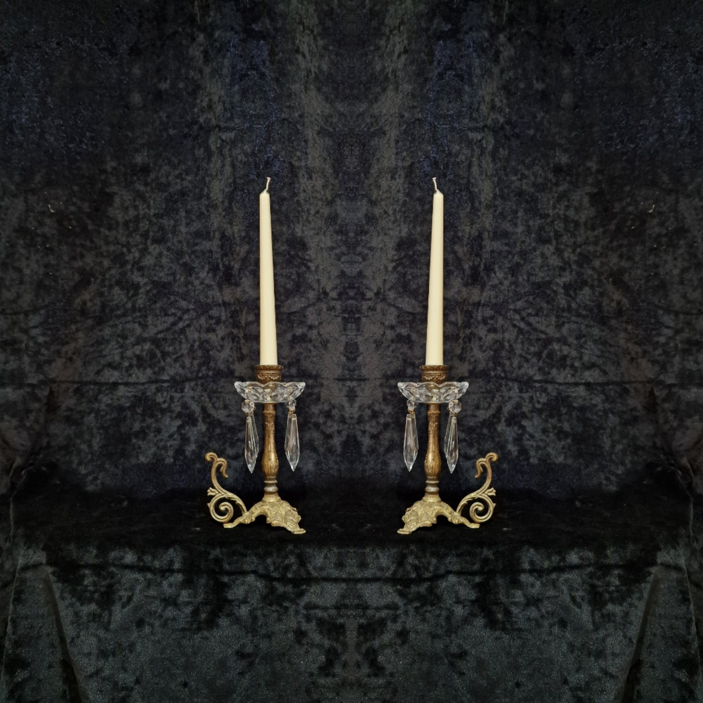 Lovely Pair of Elegant Vintage Italian Brass and Glass Crystal Candlesticks