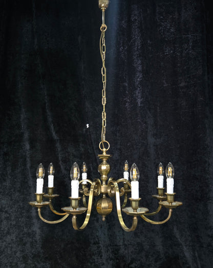 Classical Vintage Polished Brass Large 8 Arm Flemish Style Chandelier Light