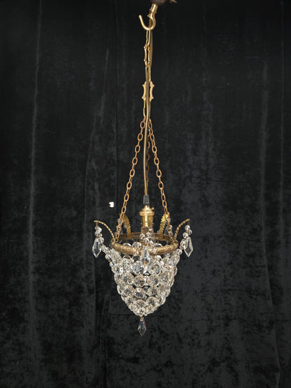 Beautiful Antique French Crystal Bag Brass Leaf Chandelier Ceiling Light