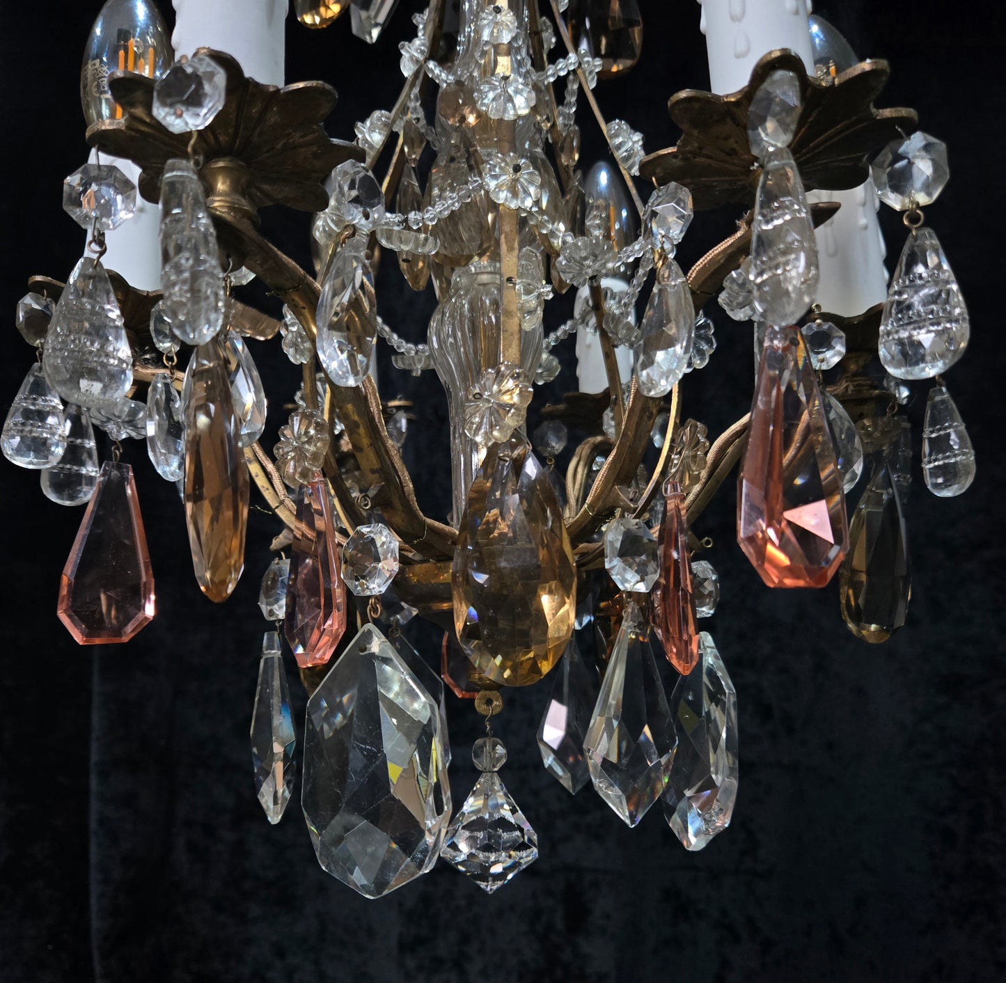Beautiful Antique Italian 6 Arm Brass Crystal Cage Chandelier Ceiling Light