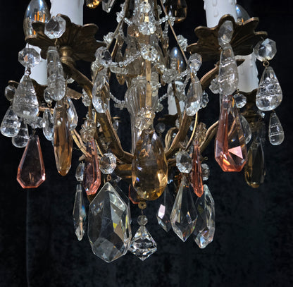 Beautiful Antique Italian 6 Arm Brass Crystal Cage Chandelier Ceiling Light
