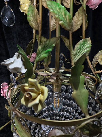 Beautiful Vintage Florentine Italian 1 Light Crystal Roses Toleware Chandelier