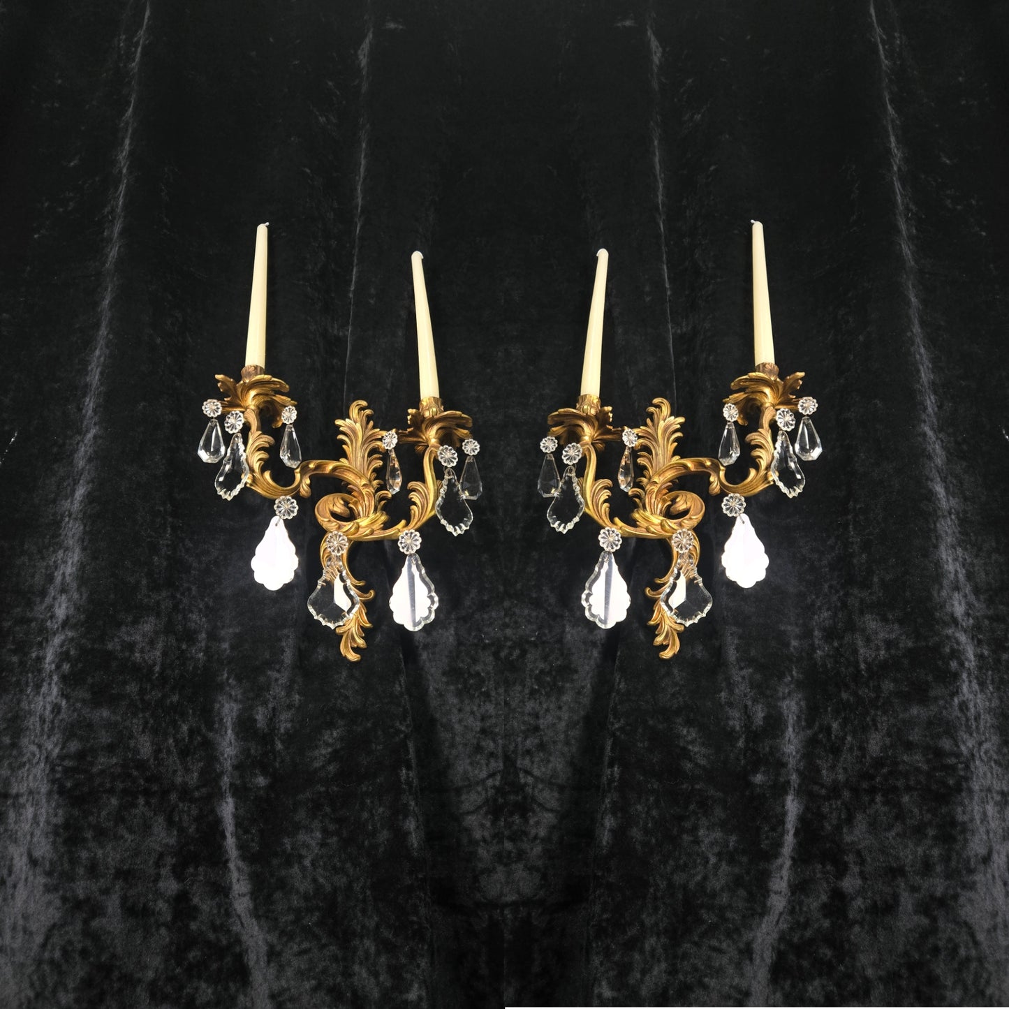 Fabulous Pair Antique French Heavy Gilt Bronze 2 Arm Crystal Candle Wall Lights