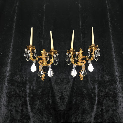 Fabulous Pair Antique French Heavy Gilt Bronze 2 Arm Crystal Candle Wall Lights