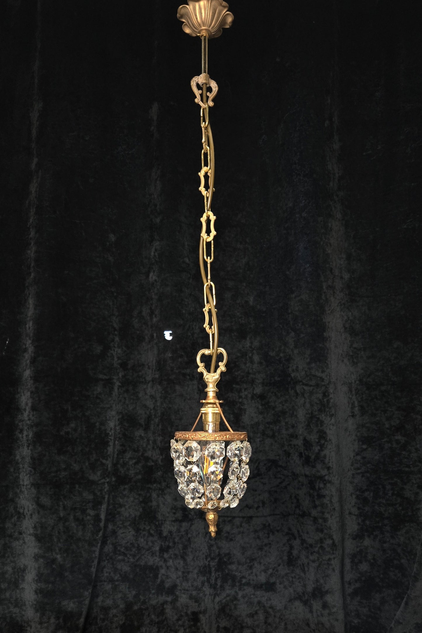 Petite Vintage French Crystal Half Bag Brass 1 Light Chandelier Ceiling Light