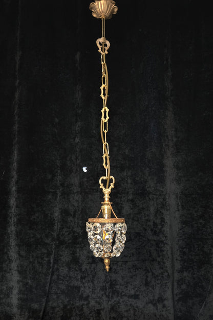 Petite Vintage French Crystal Half Bag Brass 1 Light Chandelier Ceiling Light